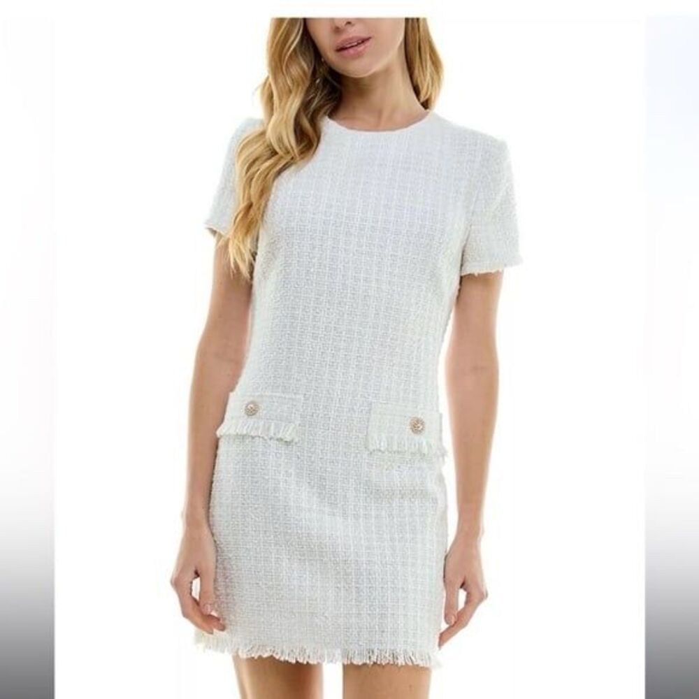 BeBop Women's Off-White Textured Tweed Pearl-Buttoned Pockets Mini Dress M